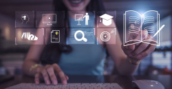 Chica tecleando en el ordenador e iconos que representan cursos de verano de datos.