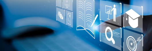 iconos que representan libros y educación sobre un teclado